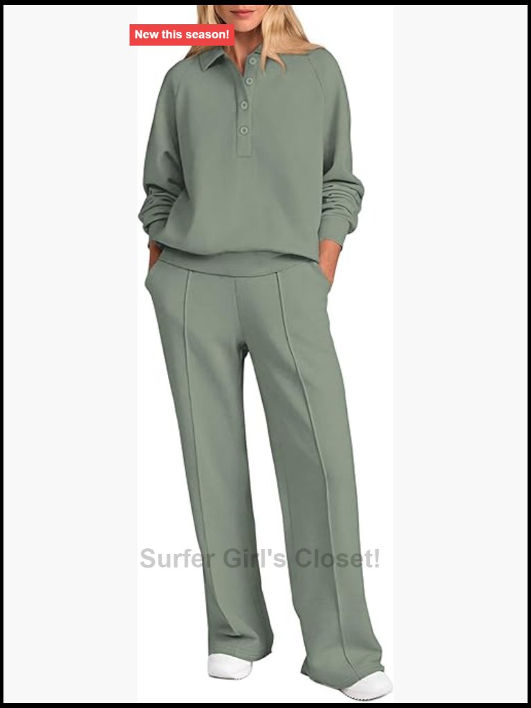Quarter Button Long Sleeve Sweatshirt Wide Leg Pants 2 Piece Lounge Set